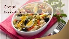  Presentation with capsicum - Presentation design featuring cold pasta salad with capsicum olives capers and boiled eggs background and a lemonade colored foreground
