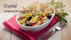  Presentation with capsicum - Slide set with cold pasta salad with capsicum olives capers and boiled eggs background and a coral colored foreground