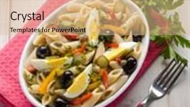  Presentation with capsicum - Presentation design featuring cold pasta salad with capsicum olives capers and boiled eggs background and a lemonade colored foreground