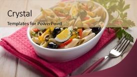  Presentation with capsicum - Beautiful slide deck featuring cold pasta salad with capsicum olives capers and boiled eggs selective focus backdrop and a coral colored foreground
