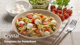  Presentation with pasta sauce - Cool new slide deck with cold pasta salad with mozzarella and pesto sauce backdrop and a tawny brown colored foreground