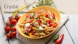 Presentation with capsicum - PPT theme having cold pasta salad with octopus capsicum and hot chili pepper background and a yellow colored foreground