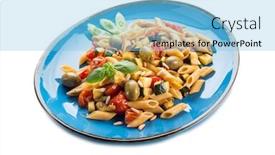  Presentation with purple floral cold - Presentation theme with cold pasta salad with pachino olives zucchins and pine kernel background and a light blue colored foreground
