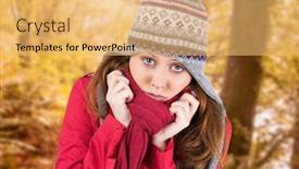  Presentation with tranquil - Colorful theme enhanced with cold redhead wearing coat and hat against tranquil autumn scene in forest backdrop and a yellow colored foreground