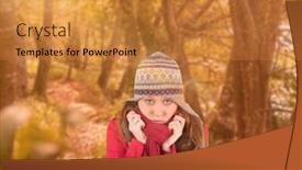  Presentation with tranquil - Theme having cold redhead wearing coat and hat against tranquil autumn scene in forest background and a gold colored foreground