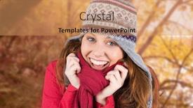  Presentation with tranquil - PPT layouts with cold redhead wearing coat and hat against tranquil autumn scene in forest background and a coral colored foreground
