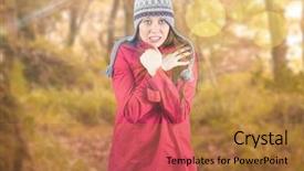  Presentation with tranquil - Slides with cold redhead wearing coat and hat against tranquil autumn scene in forest background and a coral colored foreground