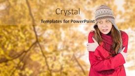  Presentation with tranquil - Theme consisting of cold redhead wearing coat and hat against tranquil autumn scene in forest background and a yellow colored foreground