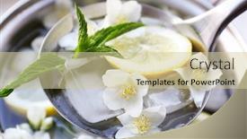  Presentation with cold drink - Theme enhanced with cold refreshing summer drink with mint and slices of lemon in pan close up background and a soft green colored foreground