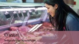  Presentation with storage cold - PPT theme having cold storage - woman pointing at meat background and a coral colored foreground