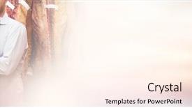  Presentation with butcher shop - PPT theme featuring portrait of butcher standing with arms crossed in meat storage room at butchers shop background and a cream colored foreground