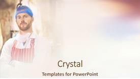  Presentation with butcher shop - Colorful PPT layouts enhanced with portrait of butcher standing with arms crossed in meat storage room at butchers shop backdrop and a cream colored foreground