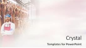  Presentation with butcher shop - Amazing slide deck having portrait of butcher standing with arms crossed in meat storage room at butchers shop backdrop and a cream colored foreground