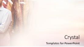  Presentation with butcher shop - PPT layouts consisting of portrait of butcher standing with arms crossed in meat storage room at butchers shop background and a cream colored foreground