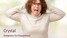  Presentation with woman hands open - Cool new slide set with cold stress - beautiful middle ager senior woman backdrop and a  colored foreground