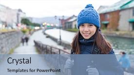  Presentation with travel japan - Slide set with cold warehouse - woman travel in otaru canel background and a light blue colored foreground
