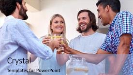  Presentation with toasting - Presentation featuring cold water - young cheerful friends toasting indoors background and a light blue colored foreground