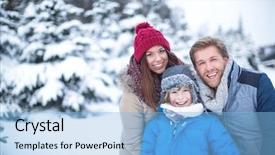  Presentation with winter family - Colorful slides enhanced with cold weather - family at winter forest backdrop and a light blue colored foreground