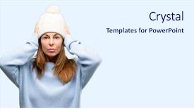  Presentation with protected hearing ear plugs - Colorful theme enhanced with cold weather - middle age woman wearing wool backdrop and a sky blue colored foreground
