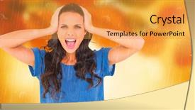  Presentation with red and gold leaves - Beautiful PPT theme featuring cold weather stress - angry brunette shouting at camera backdrop and a  colored foreground