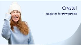  Presentation with winter blue - Beautiful slides featuring cold weather stress - middle age woman wearing wool backdrop and a white colored foreground