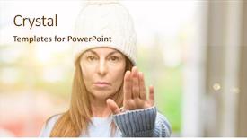  Presentation with student bad attitude - Slides consisting of cold weather stress - middle age woman wearing wool background and a  colored foreground