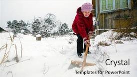  Presentation with elderly - Theme featuring cold weather work - elderly woman cleans snow near background and a white colored foreground