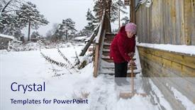  Presentation with elderly home - Theme featuring cold weather work - elderly woman cleans the snow background and a sky blue colored foreground