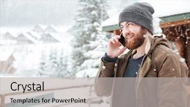  Presentation with young man on the phone - Theme with cold weather work - happy bearded young man talking background and a light gray colored foreground