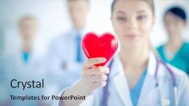  Presentation with stethoscope and red heart health - PPT layouts having colesterol - female doctor with stethoscope holding background and a  colored foreground