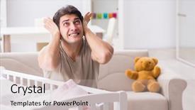  Presentation with baby crying - Presentation theme having colic - young father dad frustrated background and a mint green colored foreground