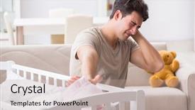  Presentation with crying baby - Colorful theme enhanced with colic - young father dad frustrated backdrop and a mint green colored foreground