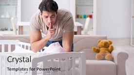  Presentation with crying baby - Colorful presentation enhanced with colic - young father dad frustrated backdrop and a light gray colored foreground