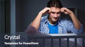  Presentation with crying baby - Colorful presentation enhanced with colic - young father under stress due backdrop and a ocean colored foreground