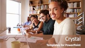  Presentation with women and protection desk - Slide deck with collaboration education - businesswoman using laptop at desk background and a  colored foreground