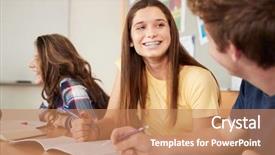  Presentation with high school students - PPT theme featuring collaboration education - high school students sitting background and a coral colored foreground