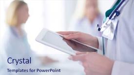  Presentation with medical robot hand and doctor - Presentation design featuring collaboration health care team - portrait of a young female background and a lemonade colored foreground