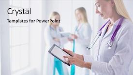  Presentation with medical robot hand and doctor - Theme with collaboration health care team - portrait of a young female background and a white colored foreground