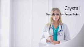  Presentation with medical robot hand and doctor - Beautiful PPT theme featuring collaboration health care team - portrait of a young female backdrop and a sky blue colored foreground