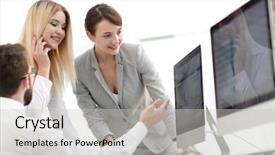  Presentation with meet the work team - Cool new PPT layouts with collaborative leadership - business team discussing work problems backdrop and a light gray colored foreground