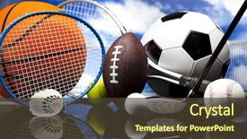  Presentation with equipment - Cool new slide deck with collage - sports equipment backdrop and a tawny brown colored foreground