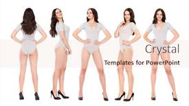  Presentation with fitness clothing - PPT theme having collage beautiful brunette women in gray fitness body clothing isolated on white background background and a lemonade colored foreground