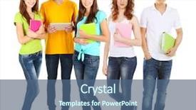  Presentation with different - Cool new slide deck with collage colorful books - different students isolated on white backdrop and a ocean colored foreground