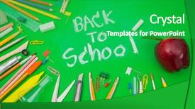  Presentation with back school - Slide deck with collage colorful books - school supplies on green chalkboard background and a shamrock green colored foreground