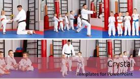  Presentation with karate - Presentation design featuring collage defence - set with instructor and little background and a coral colored foreground