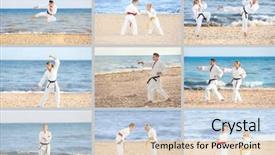  Presentation with people collage - PPT theme featuring collage defence - set with people practicing karate background and a lemonade colored foreground