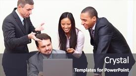  Presentation with laptop - Beautiful presentation featuring collage education - mature businessman shows something backdrop and a dark gray colored foreground