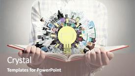  Presentation with idea - Theme enhanced with collage education - young man holding opened book background and a coral colored foreground