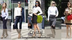  Presentation with business women - Colorful presentation design enhanced with collage five business women young beautiful business fashion girls on the summer street backdrop and a coral colored foreground