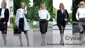  Presentation with business women - Colorful presentation design enhanced with collage five business women young beautiful business fashion girls on the summer street backdrop and a light gray colored foreground